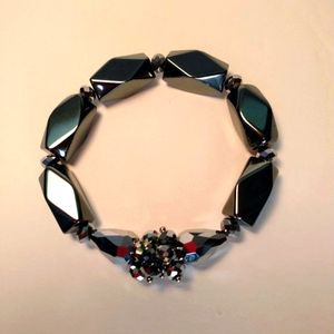 Handmade Hematite Barrel  Stretch Bracelet with Gray Cluster Facet Beads